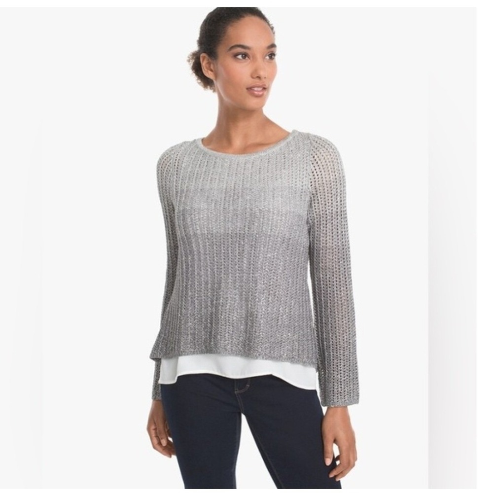 White House Black Market Silver Metallic Sequin Split Back Layered Sweater M